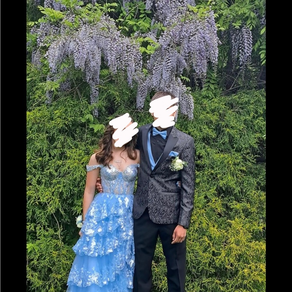 Sherri Hill Blue Floral Off-Shoulder Dress